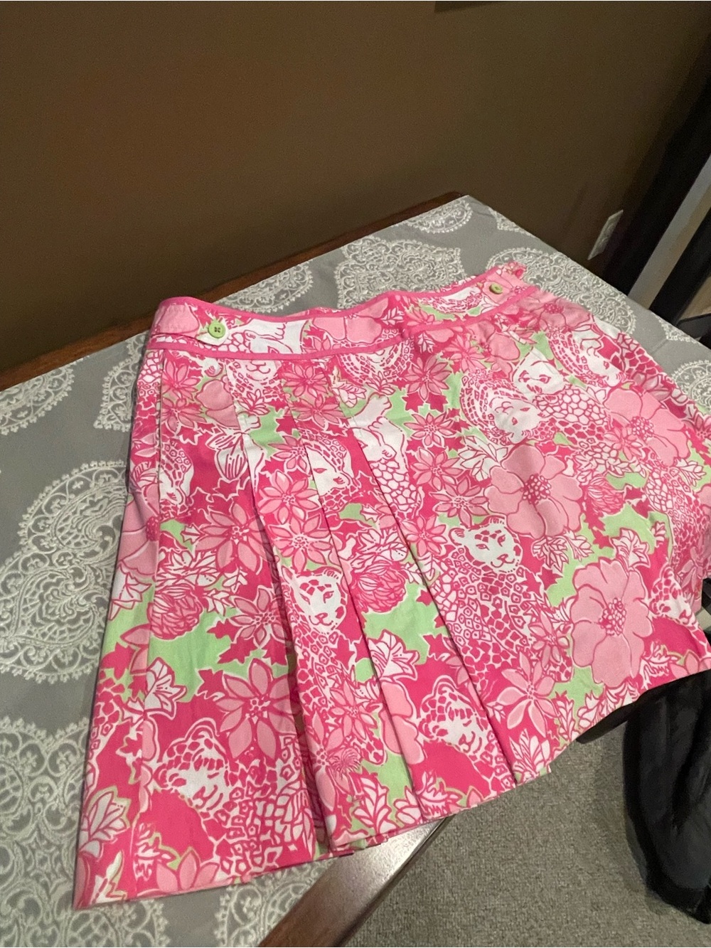 Lilly Pulitzer Pink Floral Pleated Skater Skirt with Green Accents